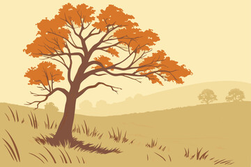 Solitary autumn tree, vibrant orange foliage, misty field, minimalist landscape, soft watercolor style, ethereal atmosphere, hazy background, golden grass, serene mood, delicate brushstrokes, muted co