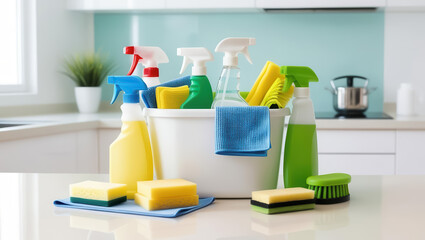 Cleaning Kit Neatly Arranged on Kitchen Countertop for Cleanliness