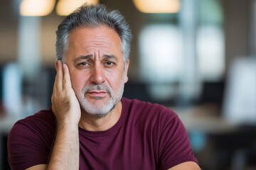 Obraz premium middle aged man in office setting appears contemplative and concerned, resting his hand on his face. environment suggests professional atmosphere