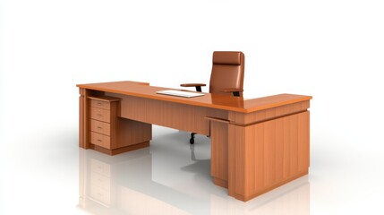 Modern wooden office desk with ergonomic chair, reflecting light in a minimalist workspace