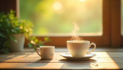 Obraz premium Serene Morning Tea Scene with Soft Natural Light and Steam