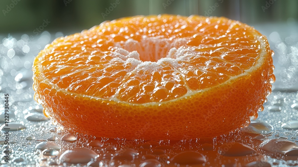 Poster a close-up of a sparkling orange slice on a wet surface.