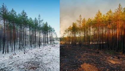 Forest Transformation From Winter To Burned Landscape - An impactful visual showing a forest transition from snowy winter conditions to a post-fire landscape, highlighting environmental changes.