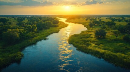 Fototapeta premium Golden Sunset over a Serene River Flowing Through a Green Landscape Aerial View