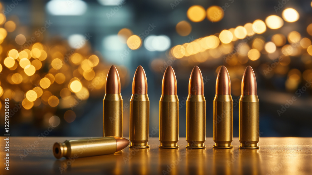 Poster golden bullets lined up on table, with blurred background of warm lights creating bokeh effect. imag
