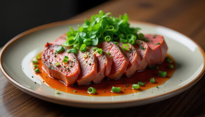 Culinary Art of Sustainable Meat Dish with Fresh Greens and Sauce