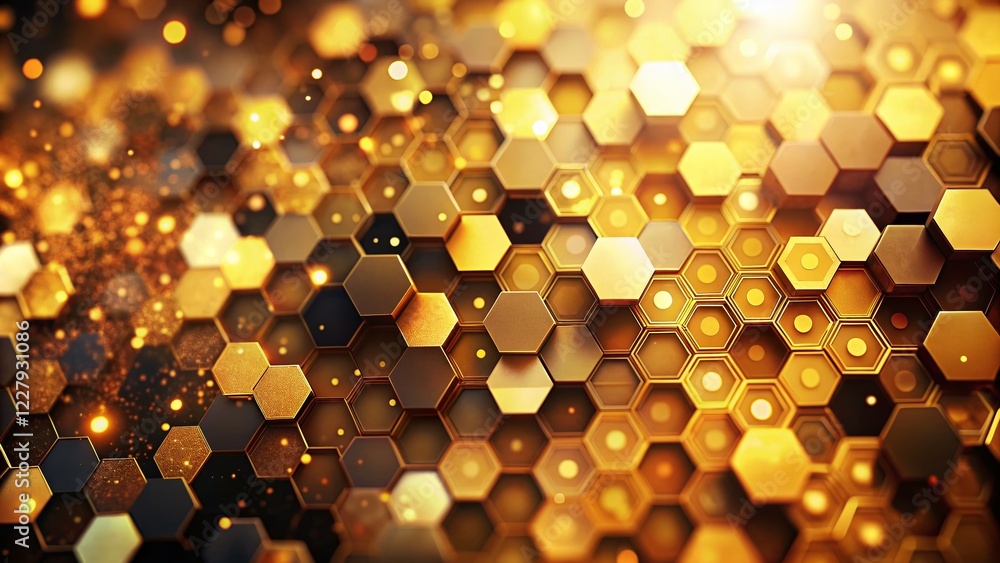Poster golden black hexagon dot pattern bokeh background - abstract geometric design stock photo