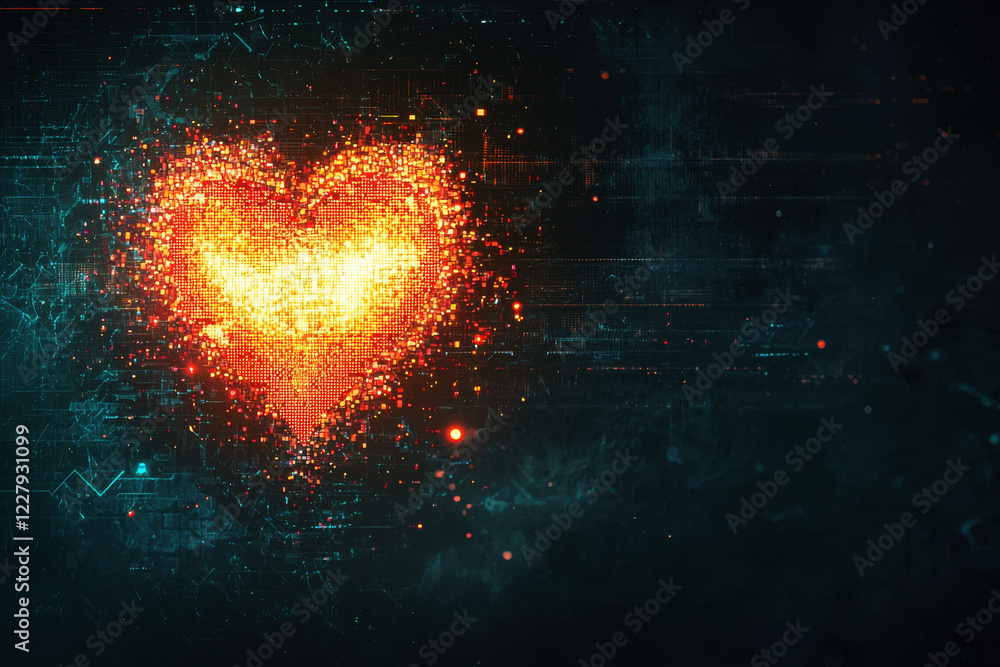 Aufkleber glowing heart icon disintegrating into pixelated fragments in a dark futuristic background