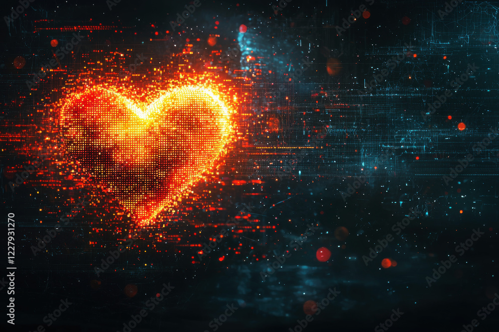 Aufkleber digital heart icon slowly disintegrating into pixelated fragments in a glitchy dark background gener