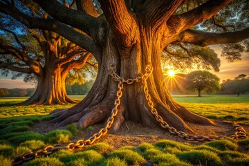 Fototapeta premium Golden Chain Adorned Ancient Oak on Secluded Island - Fashion Photography