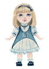 Doll in a blue dress, illustration painted with watercolors