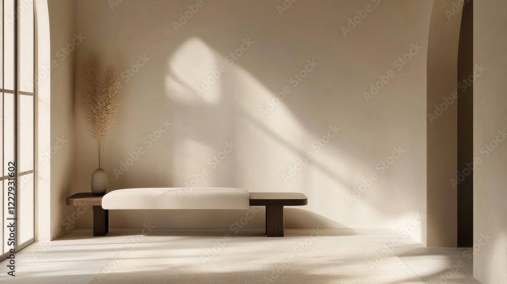 Poster minimalist interior design featuring a sleek bench and natural light in a serene space. generative a