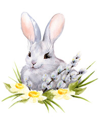 White rabbit, hand painted watercolor illustration on paper