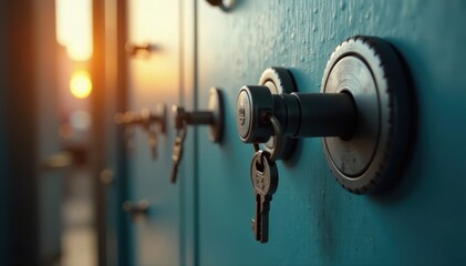 Close-up of locked cabinet with combination lock and key, keyhole, locking system, closed door