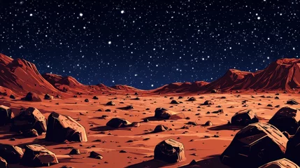 Gordijnen Mars surface, alien planet landscape, cartoon background with red desert, rocks crater and stars shine on dark night sky. Martian extraterrestrial computer game backdrop, Vector illustration © ImageKing