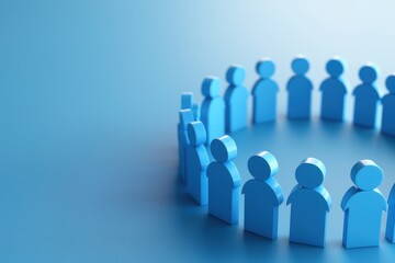 A circle of blue wooden figures symbolizes unity and collaboration, set against a soft blue background.