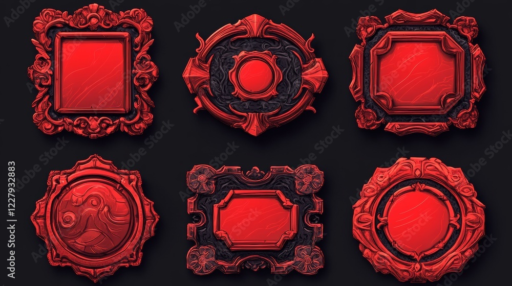 Poster ui game frames, level borders, red textured round, square and hexagon with ornate rims and laurel wr