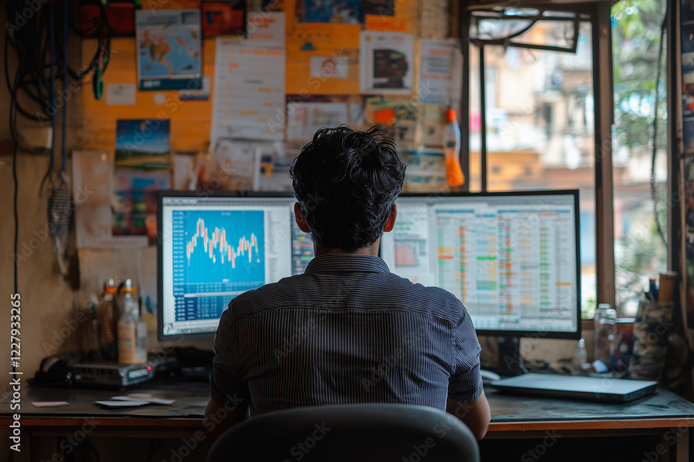 Poster focused analysis: a focused businessman analyzes data on two computer screens, with a cluttered work