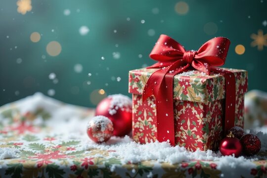 Close up of intricately decorated Christmas goft boxes arranged artfully on a festive tablecloth amidst a snowy winter backdrop pinecones red and green ribbons snow covered backdrop