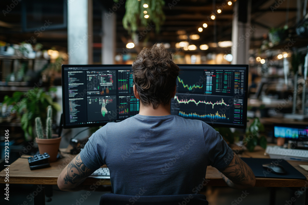 Aufkleber focused trader: a rear view of a man intensely focused on two large computer monitors displaying com
