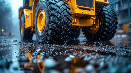 Rainy day city construction vehicle close-up