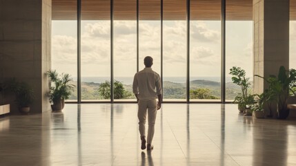 Fototapeta premium Man in white shirt and pants looking at a scenic view from a modern house.