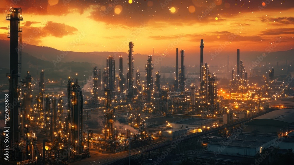 Poster a panoramic view of a bustling metropolis at twilight with pulsating holograms of factories and tech