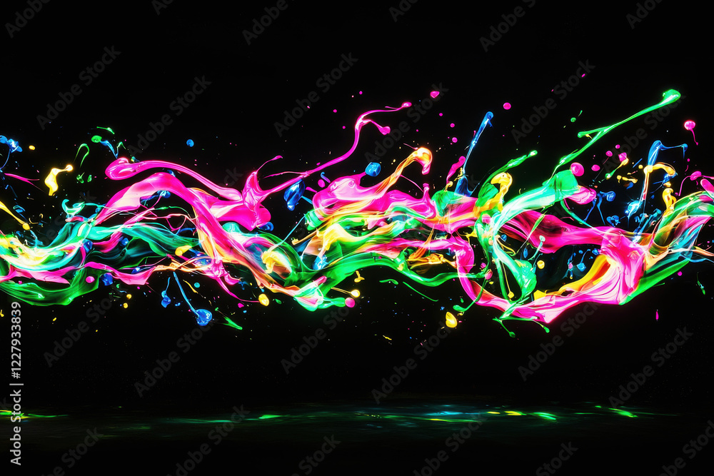 Aufkleber dynamic explosion of neon paints creating abstract shapes in vibrant hues on a black background