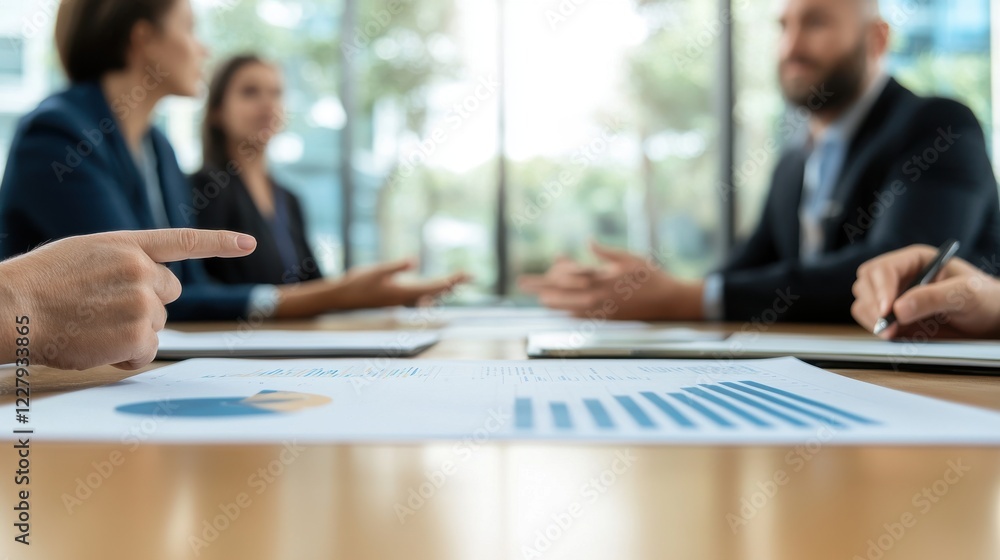 Poster a business meeting with participants discussing charts and graphs on a table, emphasizing collaborat