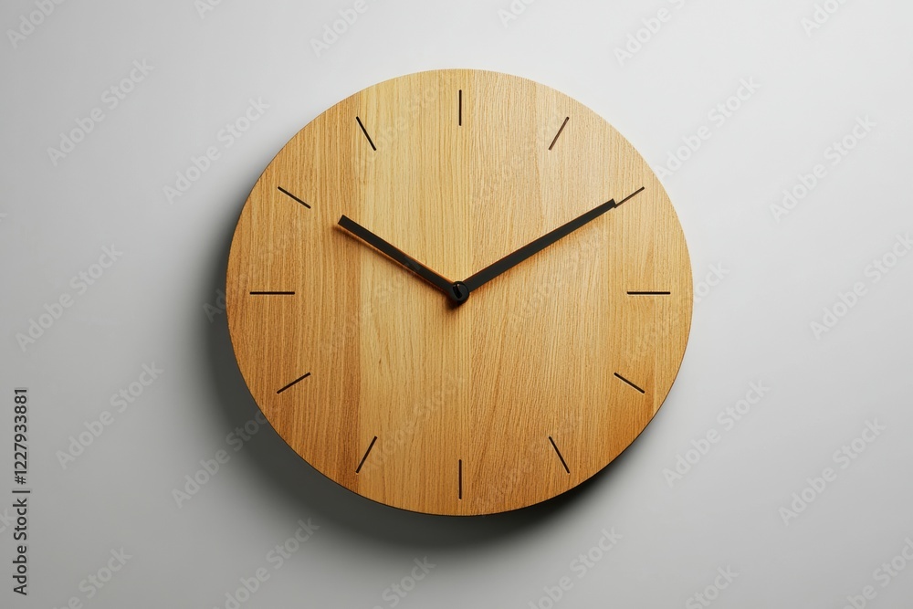 Poster modern wooden wall clock showing current time in a minimalistic style with black hour and minute han
