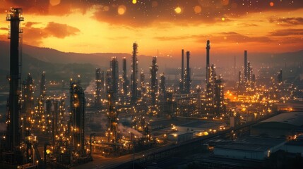 Fototapeta premium A panoramic view of a bustling metropolis at twilight with pulsating holograms of factories and technology parks emphasizing industrial growth and innovation.