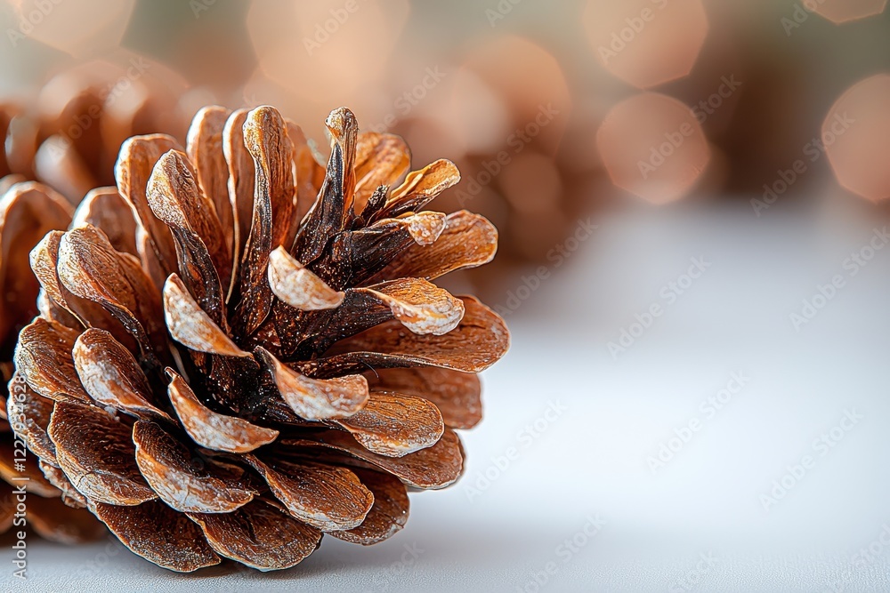 Poster close-up of a pine cone with a blurred background and warm bokeh lights.