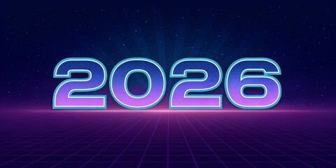 Vibrant Retro 2026 Numeric Illustration - A colorful retro-style graphic featuring the year 2026 with a neon glow against a dark cosmic background