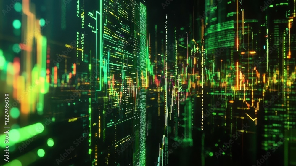 Poster glowing lines of code and data flowing through a vibrant digital city, illustrating the concepts of 