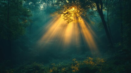 Obraz premium Golden Rays of Sunlight Filter Through Dense Forest Canopy During Early Morning Hours, Illuminating a Tranquil Woodland Environment. Generative AI