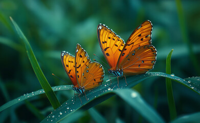 Obraz premium The orange butterflies flutter in the blue-green grass, creating an atmosphere of natural beauty and tranquility.