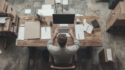 Overhead view of man working at cluttered desk with laptop and computer.