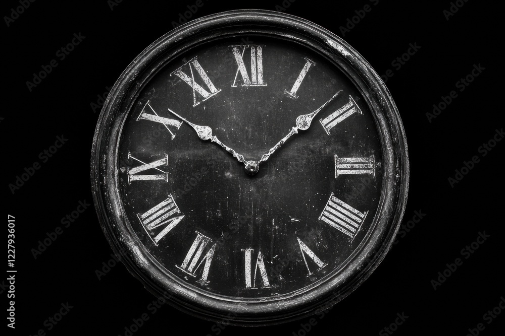 Poster vintage clock with roman numerals showing the passage of time in a dark environment. generative ai