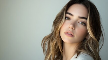 Naklejka premium A close-up portrait of a beautiful young woman with brunette blonde ombre hair, and a serene expression, showcasing natural beauty and elegance and tranquility, professional studio portrait photograph
