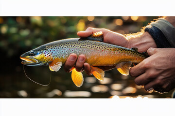 Obraz premium Fisherman showcases freshly caught trout with glistening scales in natural outdoor setting during sunny daylight