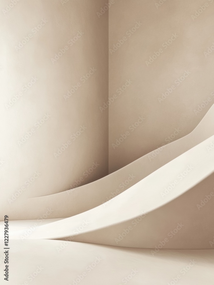 Poster Abstract design of curved lines and soft shadows in a minimalistic interior space showcasing cream tones and smooth textures. Generative AI