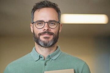 close-up photo of visually impaired professional holding braille notebook and smiling during work session in collaborative