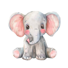 Watercolor illustration of a cute elephant child character highlighted on a white background. It is ideal for children's books, nursery decoration or stationery. Little elephant illustration.