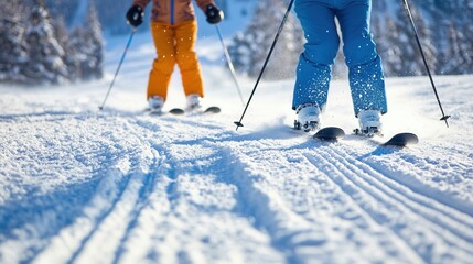 Skiers carve paths through fresh powder on a mountain slope.
