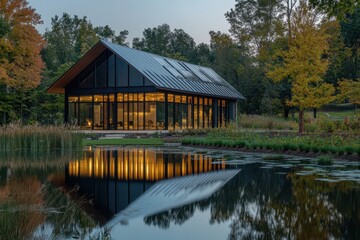 Obraz premium Modern Glass and Metal Building with Pond Reflection at Dusk . A stunning view of the New York City skyline at dusk, with lights twinkling as the sun sets behind the skyscrapers.