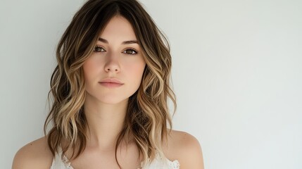 Naklejka premium A close-up portrait of a beautiful young woman with brunette blonde ombre hair, and a serene expression, showcasing natural beauty and elegance and tranquility, professional studio portrait photograph