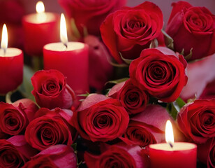 Red Roses and Candles for Valentine's Day. Romantic Candlelight with Blooming Roses