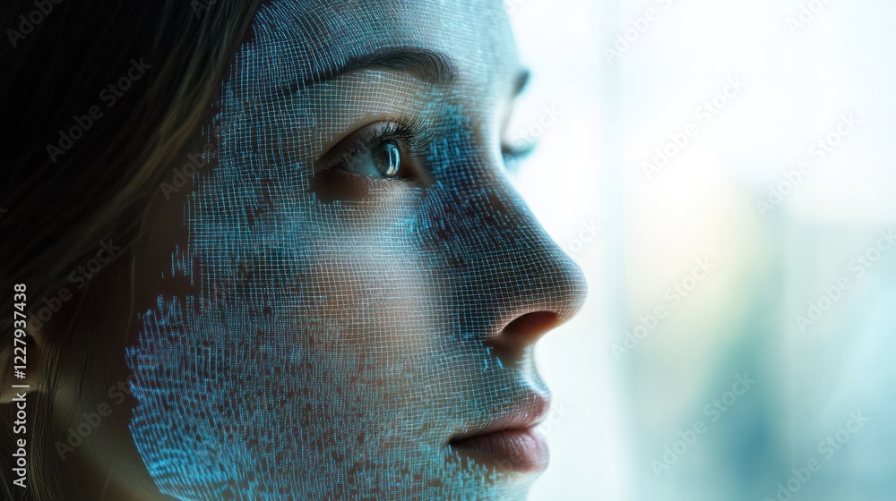 Poster digital identity: a woman's face overlayed with a mesh of data points