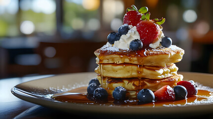 Delicious stack of pancakes topped with fresh berries and syrup in a cozy dining setting