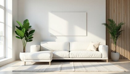 A stylish minimalist room with a white couch and geometric patterns on the wall, decor, minimalist